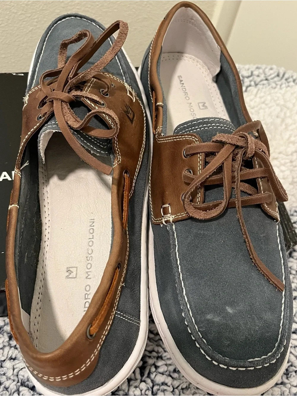 NWT Sandro Moscoloni Two-Tone Brown and Gray Leather Boat Shoes